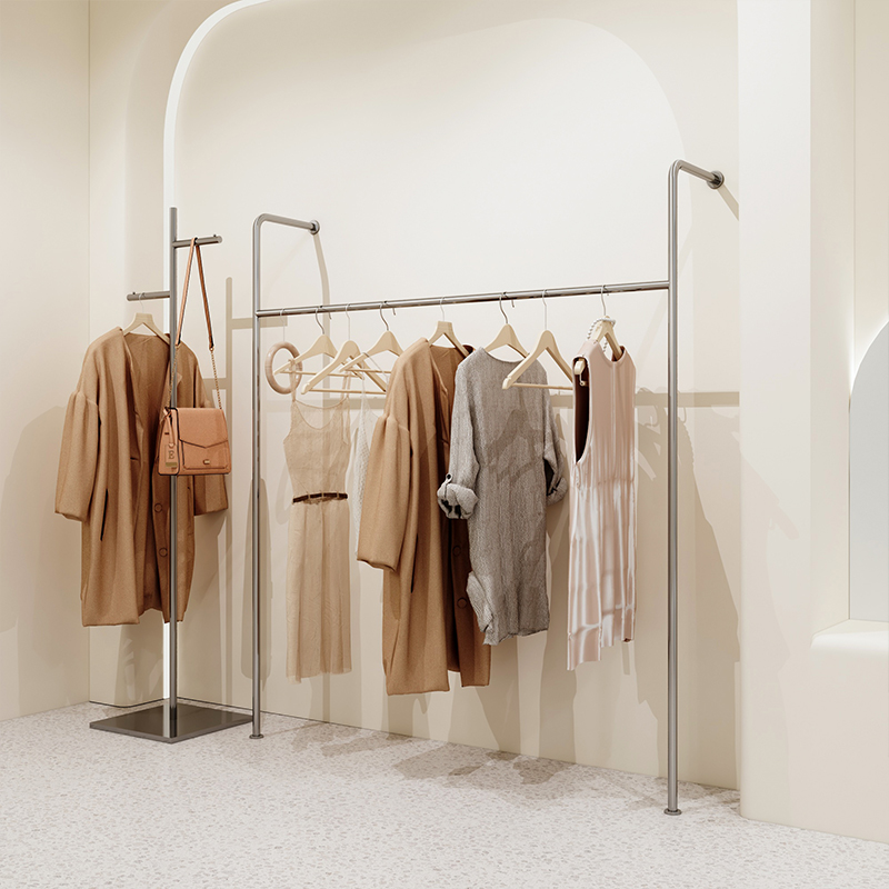 Clothing Shop Show Shelf Stainless Steel Wire Drawing Upper Wall Floor Shelf Men And Women Children's Clothing Store Shelves Net Red Creativity Hanging Clothes