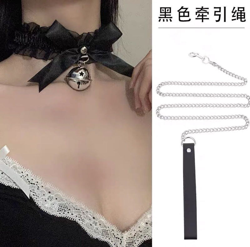 Black Lace Bow Bell Choker Leash Necklace Clavicle Chain Neck Ring Accessory Ascetic Style