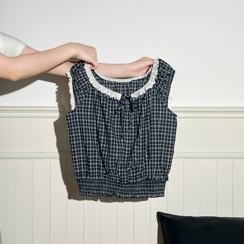 High-End Lace Plaid Short Top for Women, Summer Sleeveless Thin Shirt, Pleated Vest, Slim Fit