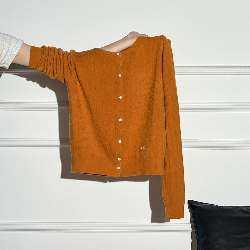 Autumn Dopamine Orange Round Neck Sweater Knitted Cardigan Women's Long-Sleeved Warm Loose Coat Stunning Top