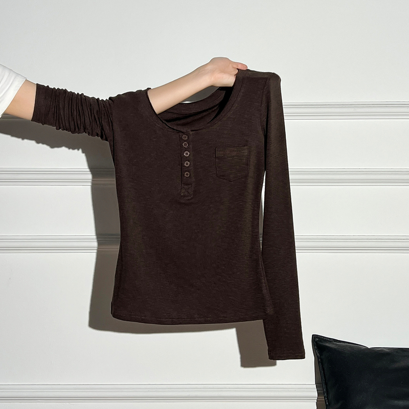 Maillard Brown Coffee Color U-Neck Slim-Fit Slimming Base Layer T-Shirt 2026 Autumn New Long-Sleeve Top for Women