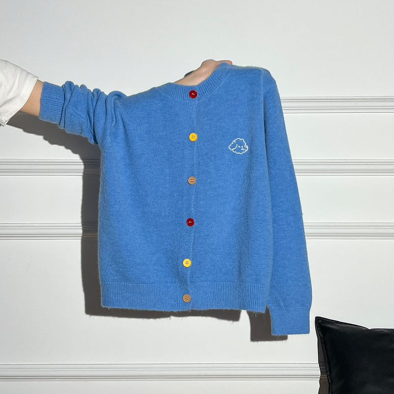 Korean-Style Peacock Blue Button-Down Sweater Knitted Cardigan for Women with Embroidered Round Neck Long-Sleeve Coat for Autumn and Winter