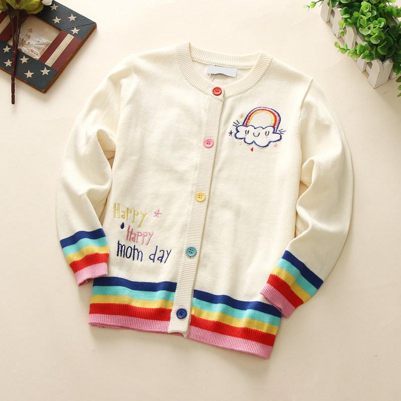 Korean children's clothing spring and Autumn girls cotton rainbow knitted cardigan Children's wild sweater jacket Baby Foreign school top