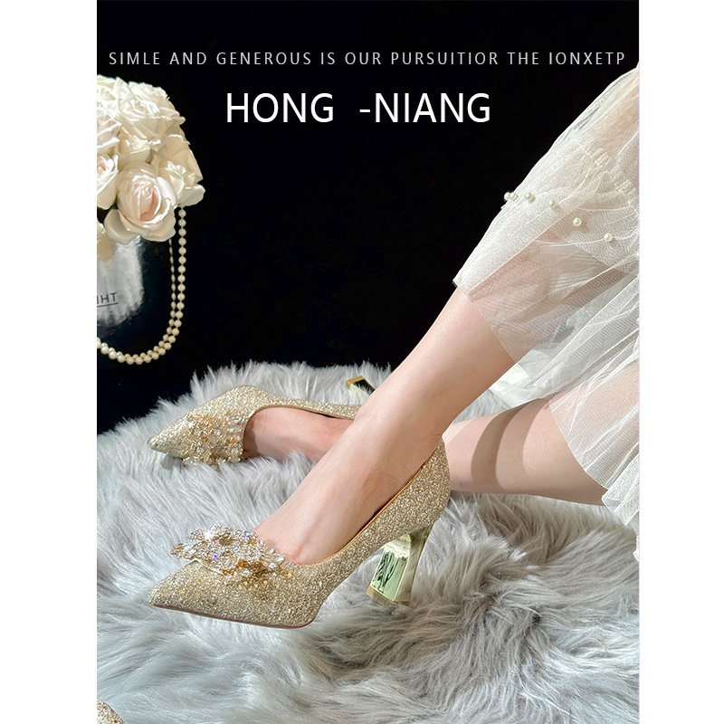 Chunky Heel Wedding Shoes for Women, Suitable for Both Traditional Chinese and Western-Style Wedding Dresses, Comfortable for the Bride, French-Style High Heels, Adult Formal Dress Shoes