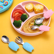 Baby learning to eat training spoon Silicone short handle handle auxiliary food fork Baby children 316 stainless steel tableware set