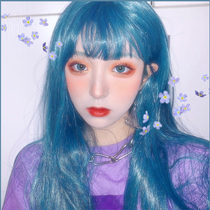 Japanese and Korean Street shooting wig female long straight hair cute air bangs Lolita fashion blue and green long hair straight hair set