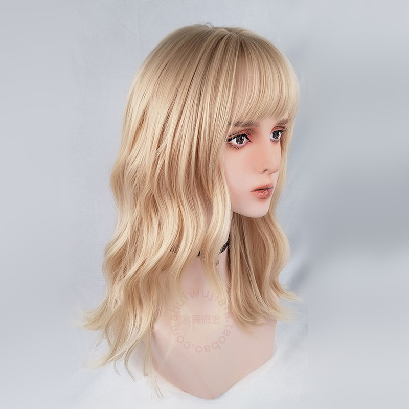 Golden Wig, Blonde, Platinum, Full Head Wig for Women, Lolita, Everyday Wear, Y2K, Egg Roll Hairstyle, Light Color, Collarbone-Length, Large Waves