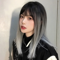 Water Dance Parisian Painting Dyeing Wig Woman Medium Long Straight Hair Black Grey White Gradient Color Full Headgear Type Collarbone Hair Total Headgear Type