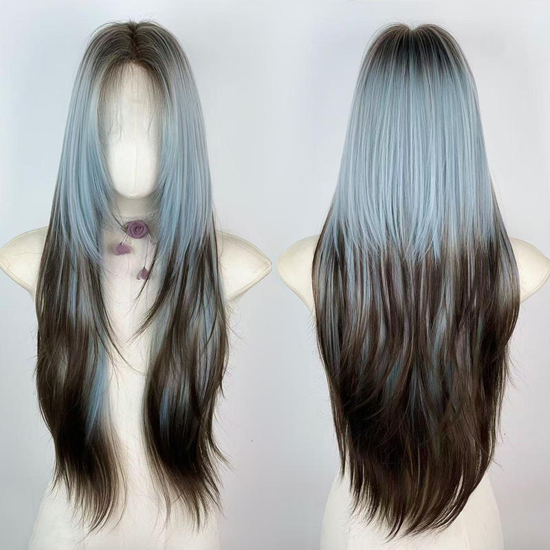 Parisian Dyed Gradient Wig Siamese Cat Front Lace Black and Blue Highlights High-End Long Straight Hair Y2K Top Dyed Black