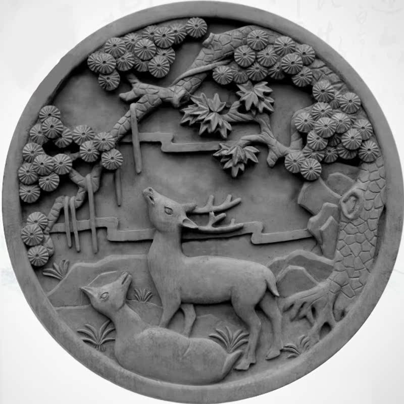 Small Li Family Courtyard House Round Antique Photo Wall Relief Cultural Wall Green Wall Brick 58cm Pine Deer Picture Brick Carved Wall