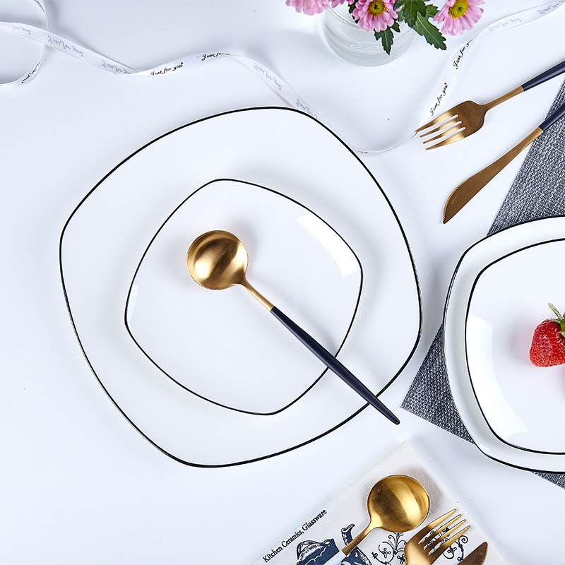 Tableware plate plate of northern wind creative black and pure white steak dinner plate household ceramics Tableware Fang Pingpan