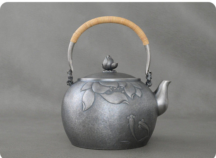 銀壺純銀999燒水壺家用煮茶壺純手工一張打荷花金魚復古足銀茶壺|茶壺