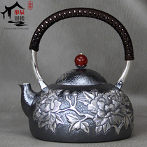 Chinese peony sterling silver pot pure handmade vintage one piece 999 full silver kettle tea pot tea set
