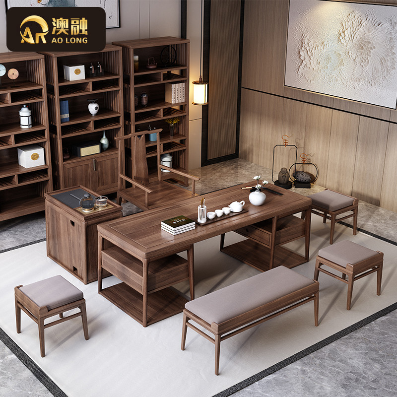 New Chinese tea table and chairs combined Zen solid wood Kung Fu tea table office desk Office desk Set of tea set