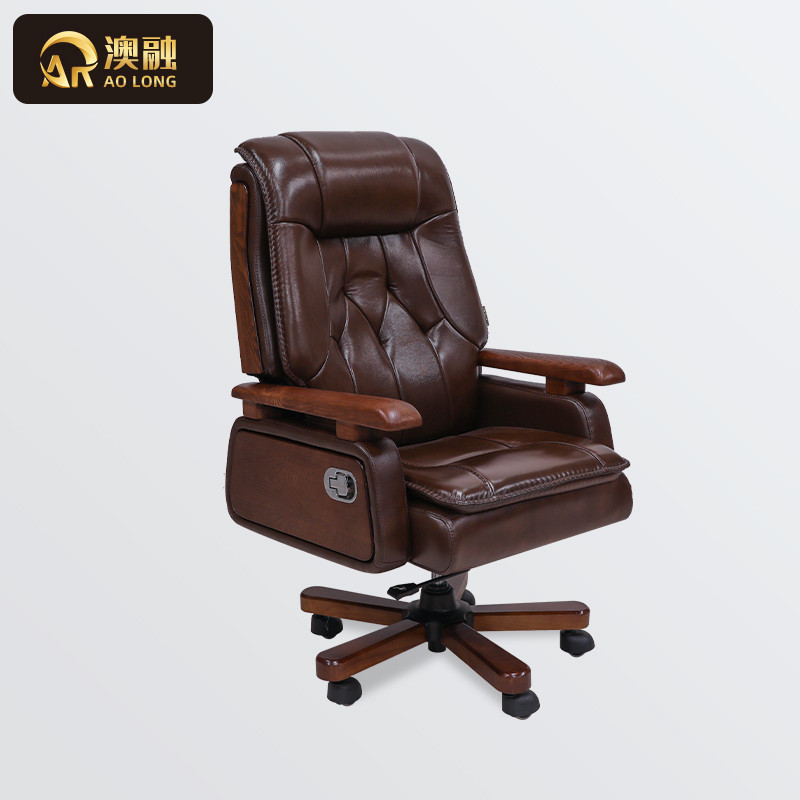 Solid wood President's office genuine leather owner chair upmarket New Chinese Bull Leather Large Class Chair Can Lie Swivel Chair Office Chair Subs