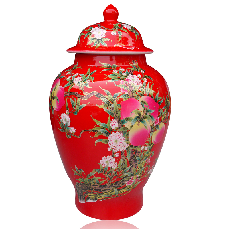 General festive Chinese red porcelain vase bottle ricer box with a cover General cylinder barrel surface peach as cans