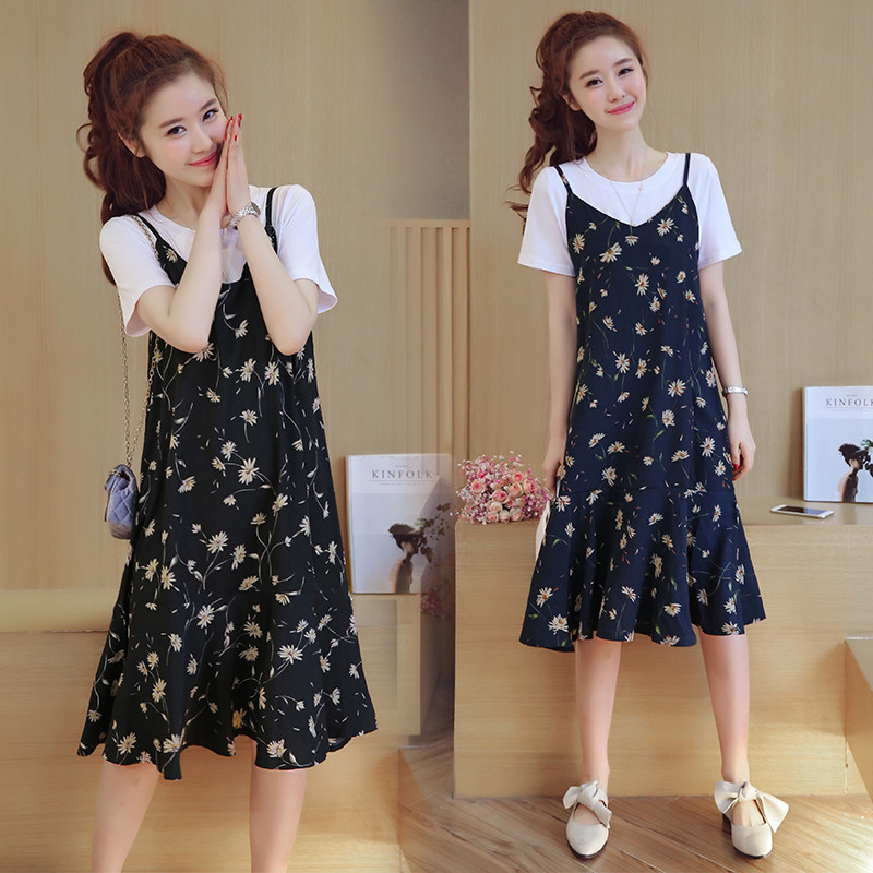 孕妇装春夏装2018新款孕妇套装雪纺孕妇吊带裙+短袖t恤衫两件套潮