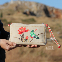  Cloud decoration totem original design womens bag clutch bag Lotus bird embroidery ethnic style portable carrying bag Canvas bag