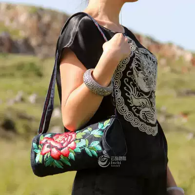 Cloud decoration totem original embroidered bag ethnic style front and rear embroidered denim cylinder portable oblique cross women's bag shoulder bag