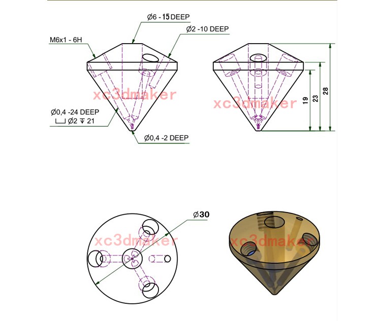 Phụ kiện máy in 3D màu 3 trong 1 ra màu hỗn hợp vòi phun nhiều đầu bằng đồng thau đường kính 0,4