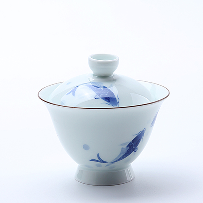 Gaiwan teacup large ceramic Jingdezhen hand-painted blue and white porcelain high-footed three-talented bowl Kung Fu tea set white porcelain tea bowl