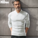 Демисезонная хлопковая утепленный лонгслив, термобелье, китайский стиль, V-образный вырез, облегающий крой, высокий воротник