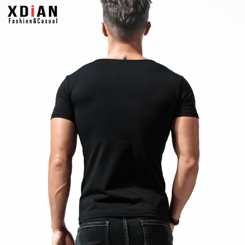 Хлопковая черная летняя футболка с коротким рукавом, облегающий крой, V-образный вырез