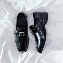 Moriyu Sea Alley Lacquered Leather Small Black Shoes Korean Version 100 Hitch Genuine Leather Thick Heel Small Leather Leather Square Button Black Inglle Wind Single Shoes