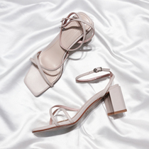 Moriyu Sea Alley 2022 Summer New genuine leather Brief Han version 100 Lapped Fairy with coarse heel high heel sandal