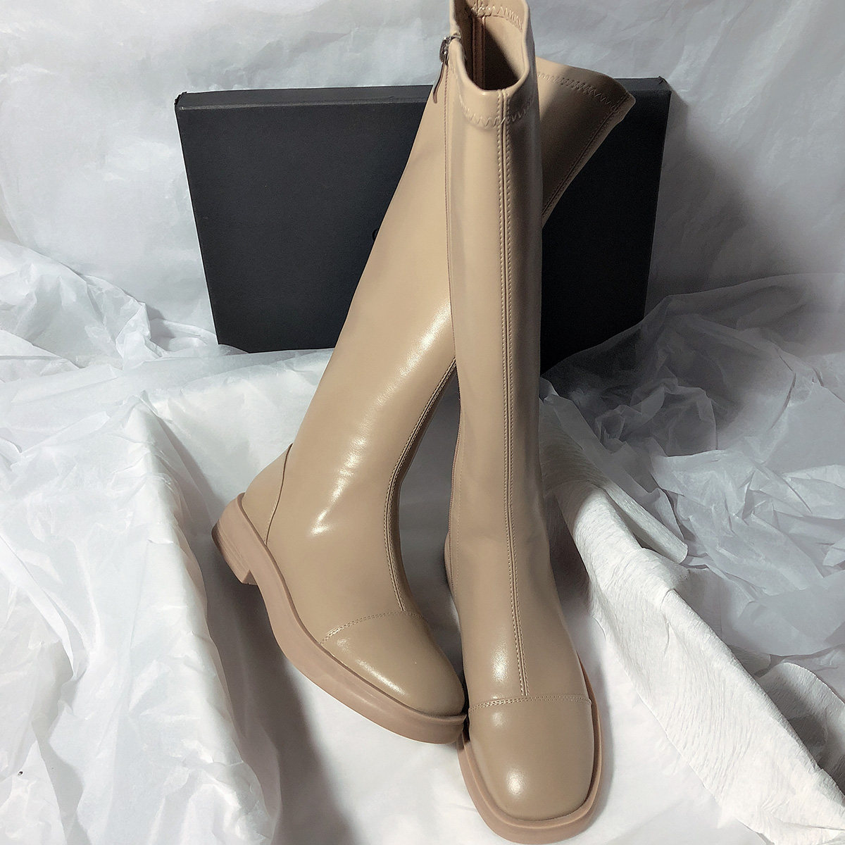 Moriyu Sea Alley 2021 new genuine leather flat-bottomed high cylinder boots Korean version Jane about 100 lap round head though knee-length boots female