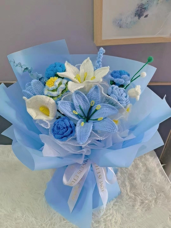 Hand-Woven DIY Lily and Rose Mixed Bouquet Material Kit, Yarn for Homemade Finished Flowers, Valentine's Day Gift for Girlfriend