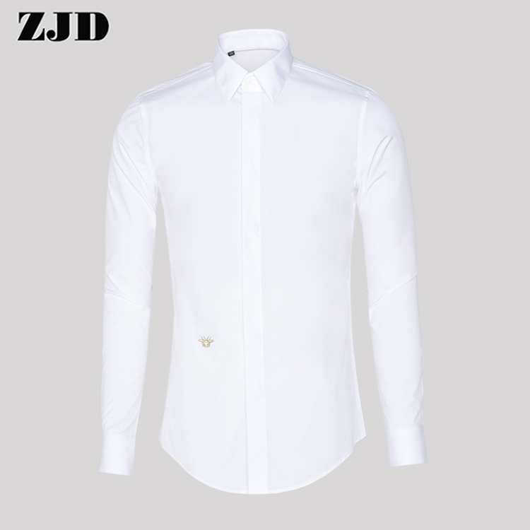 High-End Trendy Brand Personalized Bee Embroidery Men's Slim-Fit Long-Sleeve Shirt, Business Casual Stylish White Shirt
