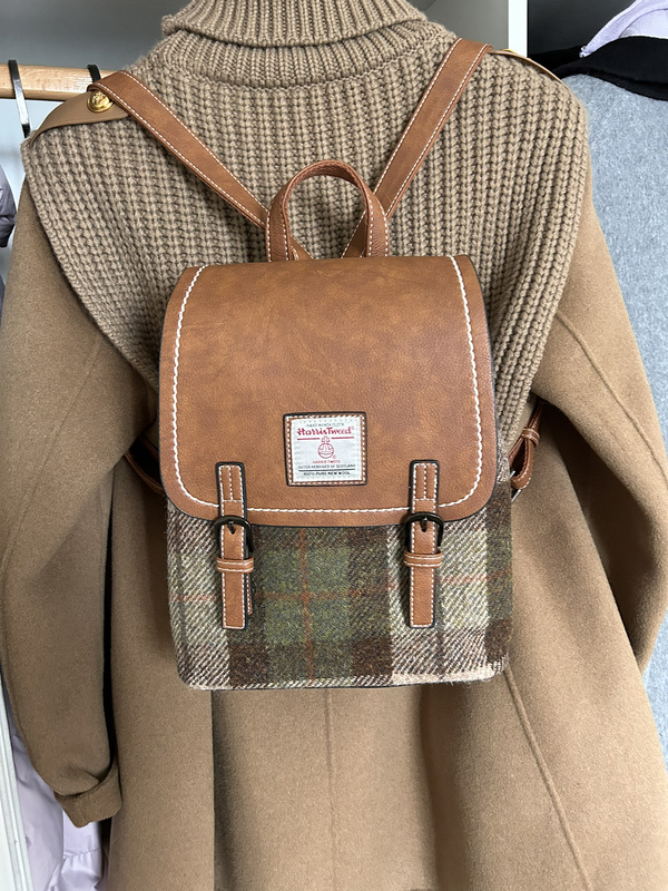 Harris Tweed Plaid Woolen Backpack Harris Brown and Blue Tweed Women's Handbag
