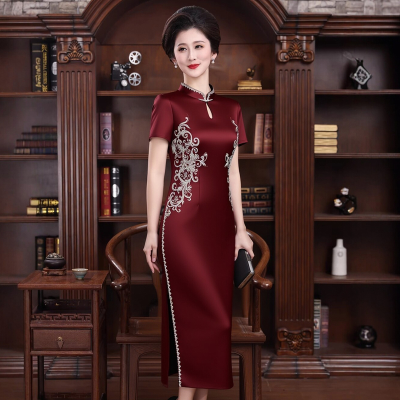 Elegant Mother-Of-The-Bride Wedding Dress Long Gown Acetate Satin Embroidered Cheongsam Noble New Chinese Style Slimming Dress