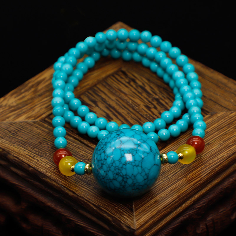 Turquoise clavicle chain necklace pendant natural high porcelain net flower round bead chain water grass pattern loose beads with beads Ladies jewelry - Taobao