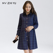 Womens Royal pregnant women Spring and Autumn new dress fashion tide mother Plaid Shirt shirt top long shirt dress autumn dress