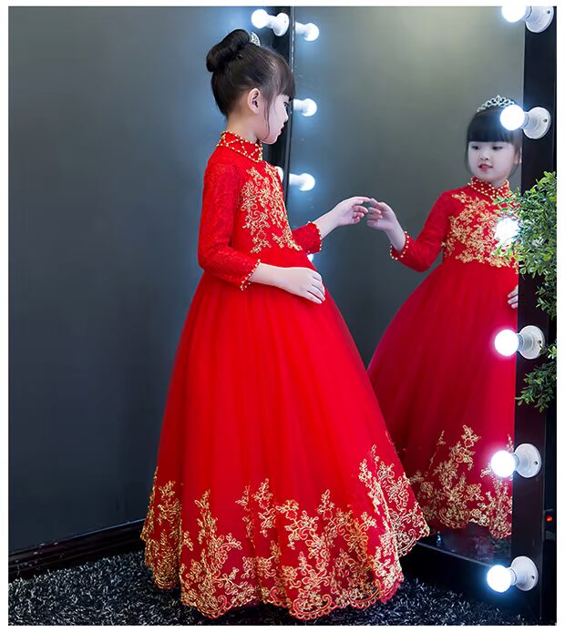 Váy hoa cho bé gái công chúa váy xòe váy cưới dài tay cho bé gái váy dạ hội dẫn chương trình trình diễn trang phục mùa thu đông thời trang cho bé
