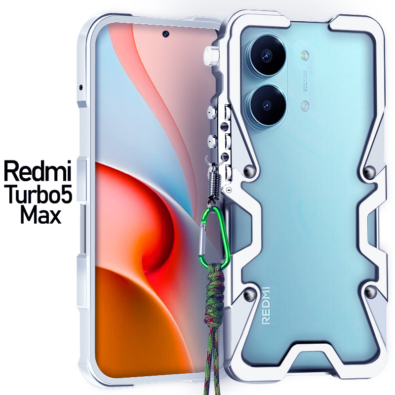 Redmi Turbo 5 Max Note 15 Pro+ Phone Back Cover Aluminum Alloy Metal Frame 4 Pro/3 Protective Case Anti-Drop 13 Stylish 14S Bold Mecha Style Lanyard 12t Pro R Speed Edition E