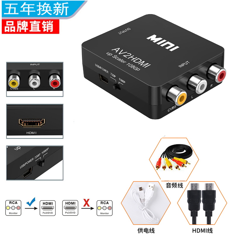 AV to HDMI converter Bully FC red and white machine PS2 game machine connected to LCD TV Huhu Tong microscope
