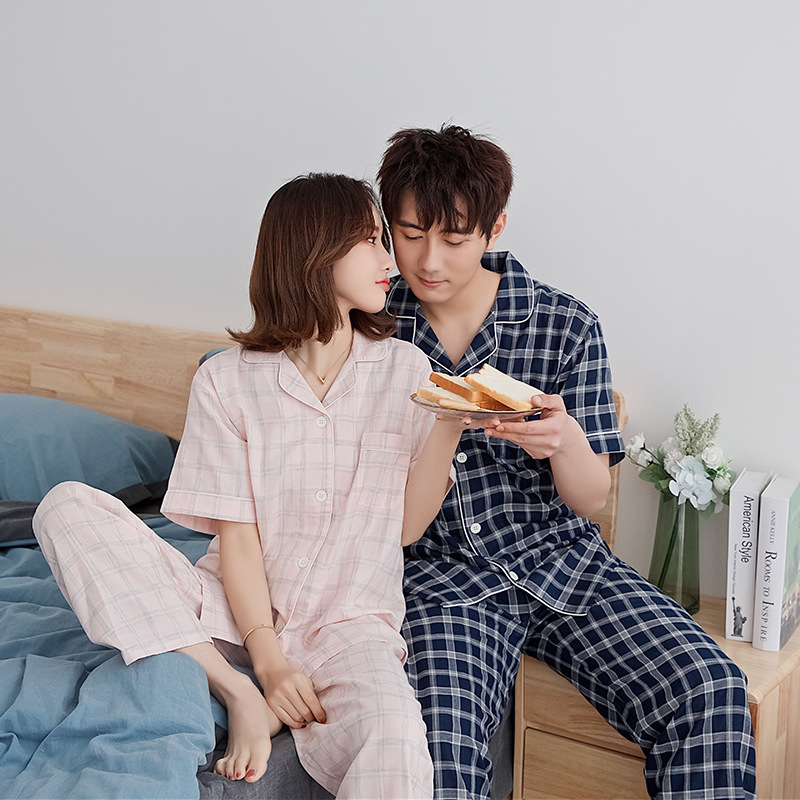 No Inprint mj day style double layer yarn short sleeve long pants Home Suit Soft And Breathable Good Lovers men and women Summer thin pyjamas 