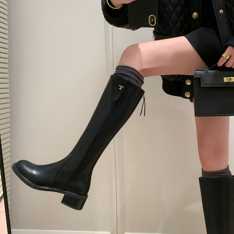 Genuine Leather French-Style Slimming Straight Boots, Over-The-Knee Boots, Knee-High Boots, Chunky Heel Riding Boots, High Boots for Autumn and Winter