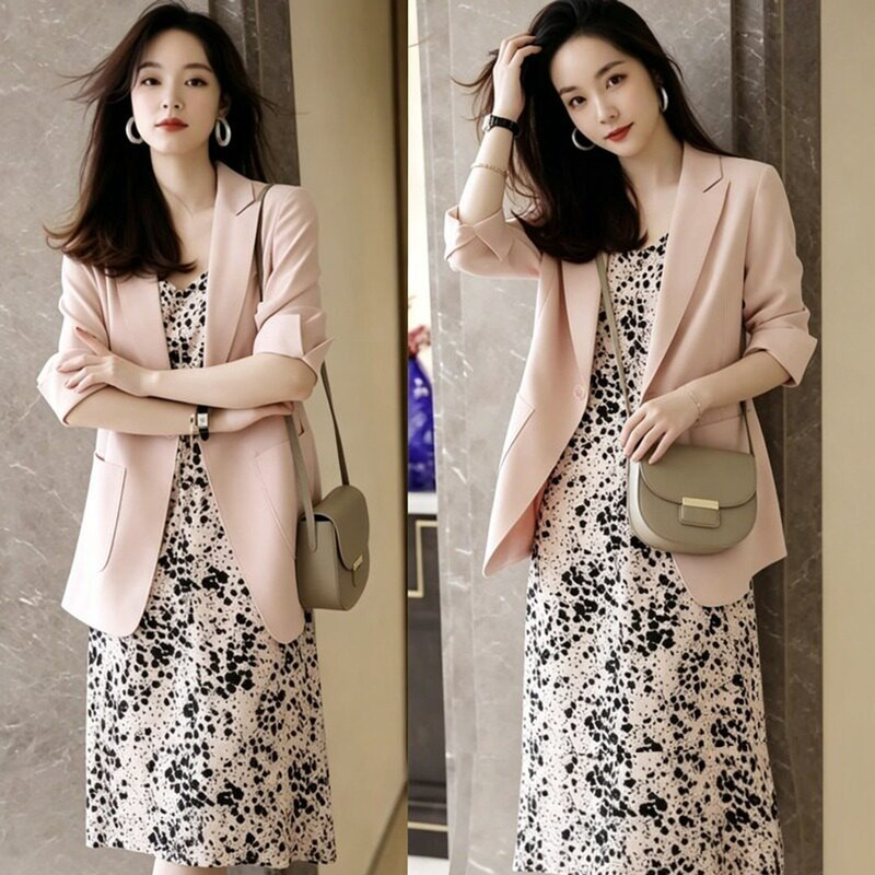 Plus Size Women's New 2025 Thin Suit Summer Gentle Style Dress Two-Piece Set for Fat Women, Slimming and Covering Body Shape Set