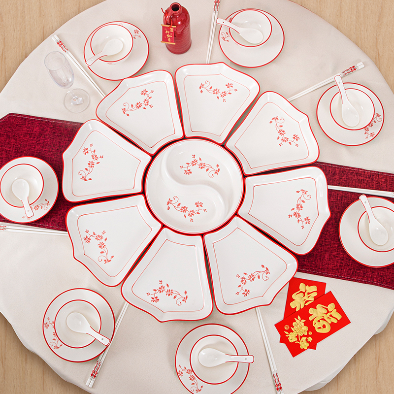 Tiktok-Style Festive Chinese Ceramic Platter Set for Home Use, Creative Plating, Underglaze Colored Dishes