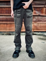 typethree dark green washed distressed overalls trousers retro street multi-pocket detachable slightly flared trousers