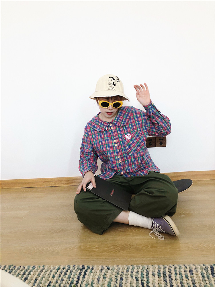 Omelet Rice Restaurant_Shirt Women 2023 Spring Retro Hong Kong Style Versatile Casual Loose Long-sleeved Plaid Student Lining