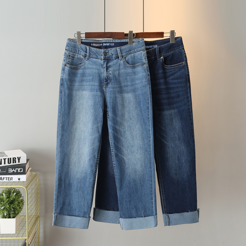 Extra Large Size Women's Jeans for Export, 150kg Summer Thin High-Waisted Stretchy Rolled Hem Straight-Leg Soft Denim Cropped Pants