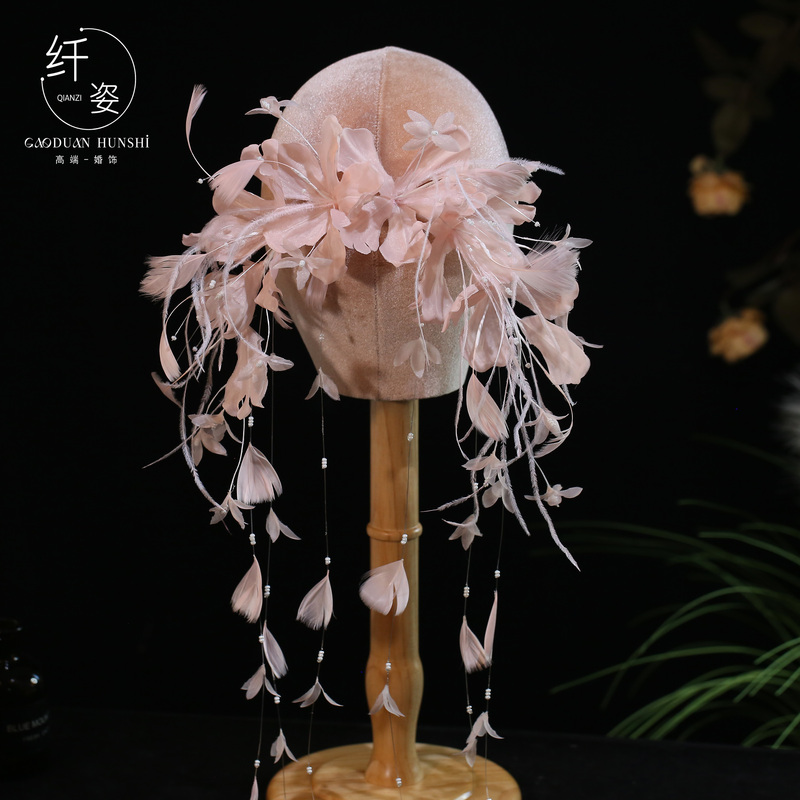 Super Fairy-Like Sweet Pink Feather Tulle Flower Long Tassel Headpiece Versatile Sweet Wedding Dress Styling Accessory