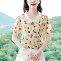 Broken Flowers Snowspun Shirt Lady Short Sleeve 2024 Summer New Mom Temperament Cover Tummy Cardiovert Silk Blouse