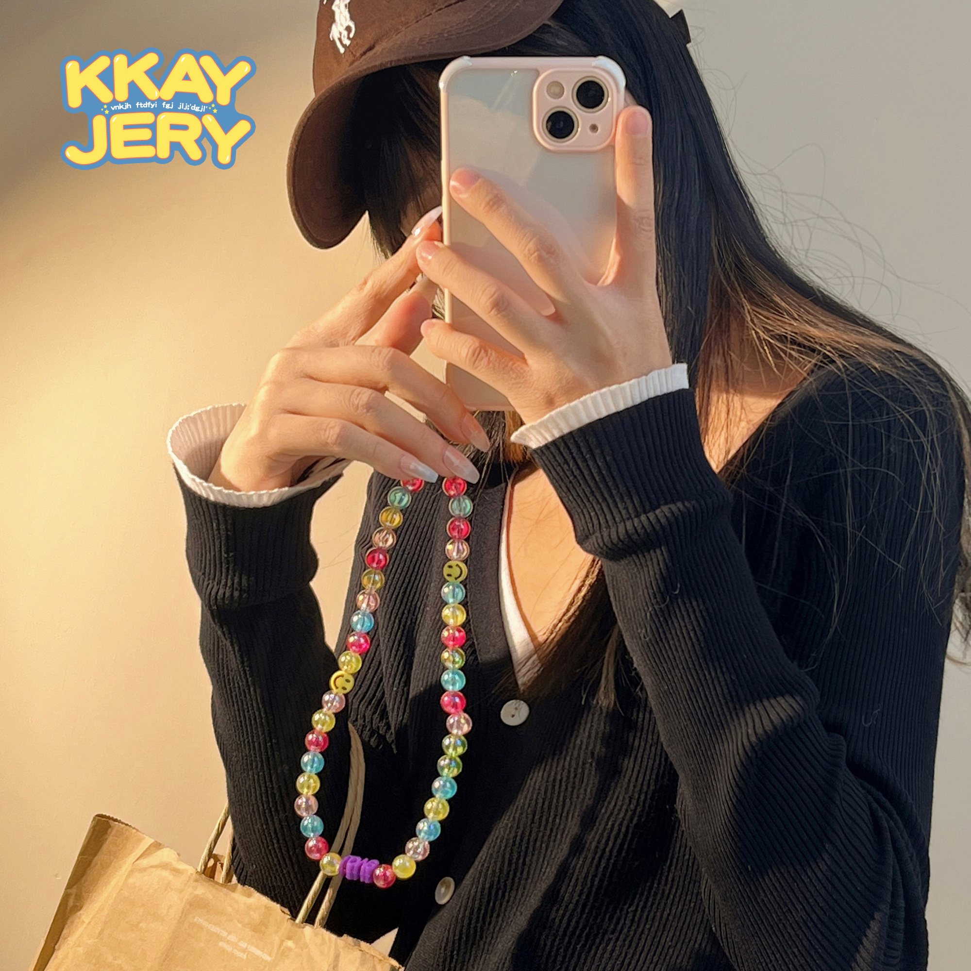 Not afraid of slippery hands High-end beaded chain ~ mobile phone lanyard female wrist rope lanyard chain sling short section ins style advanced