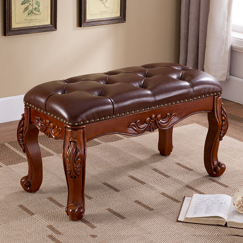 American full solid wood carved flower changing shoes stool genuine leather wearing shoes stool Hyun Guan Guan test changing shoes living-room sofa Long stool bed tail stool